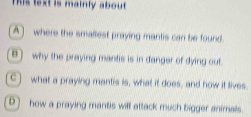 This text is mainly about
A) where the smallest praying mantis can be found.
B) why the praying mantis is in danger of dying out.
C) what a praying mantis is, what it does, and how it lives.
D) how a praying mantis will attack much bigger animals.