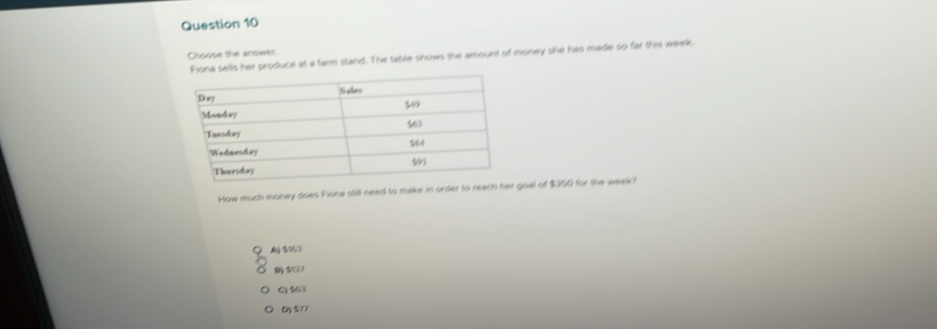 Choose the anower Fiona sells her produce at a farm stand. The table shows the amount of money she has made so far this week
How much money does Fiona still need to make in order to reach her goal of $350 for the week?
8 107
Q 163