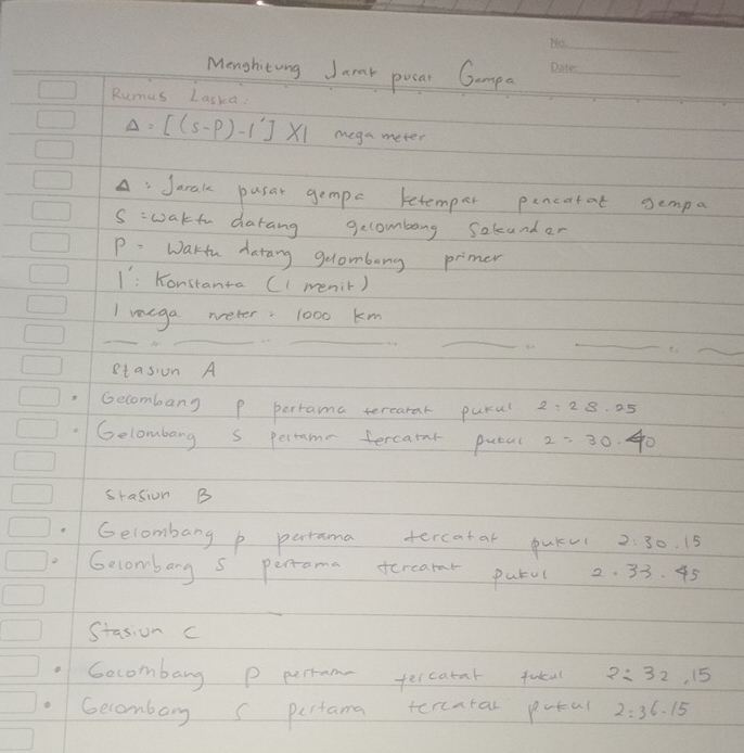 Monghiting Janar pucar Gompa_ 
Rumus Laska:
Delta =[(s-p)-1]* 1 mega meter
A Jarale pusar gempe letemper pencetat sempa 
S:wakfu catang gecombong soleand er 
p Waku datary guambang primer 
1: Konstanta CI menir) 
mega weter: 1000 km
_ 
_ 
Ptason A 
Gecombang P perrama terearar pural 2:28.25
Golombarg s permme fercarnt putal 2=30.40
stasion B 
Gelombang p perrama tercatal pul 2:30.15
2 Gecomberg s perrama tercammt purul 2. 33.45
Stasion C 
Gocombang p perrom fercatnt fueal 2=32,15
Gecombarg s pertama tercaral potal 2=36-15