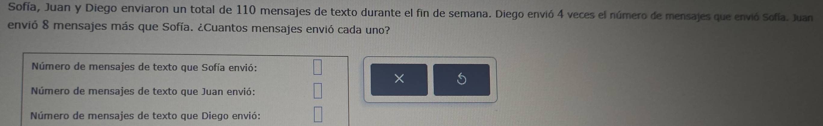 Sofía, Juan y Diego enviaron un total de 110 mensajes de texto durante el fin de semana. Diego envió 4 veces el número de mensajes que envió Sofía. Juan 
envió 8 mensajes más que Sofía. ¿Cuantos mensajes envió cada uno? 
Número de mensajes de texto que Sofía envió: 
× 
Número de mensajes de texto que Juan envió: 
Número de mensajes de texto que Diego envió: