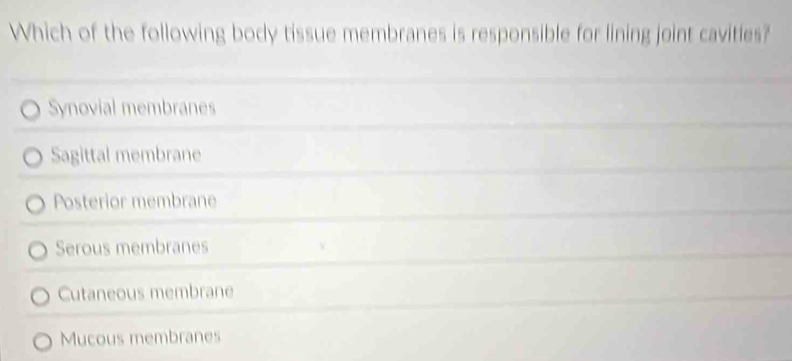 Which of the following body tissue membranes is responsible for lining joint cavitles?
Synovial membranes
Sagittal membrane
Posterior membrane
Serous membranes
Cutaneous membrane
Mucous membranes