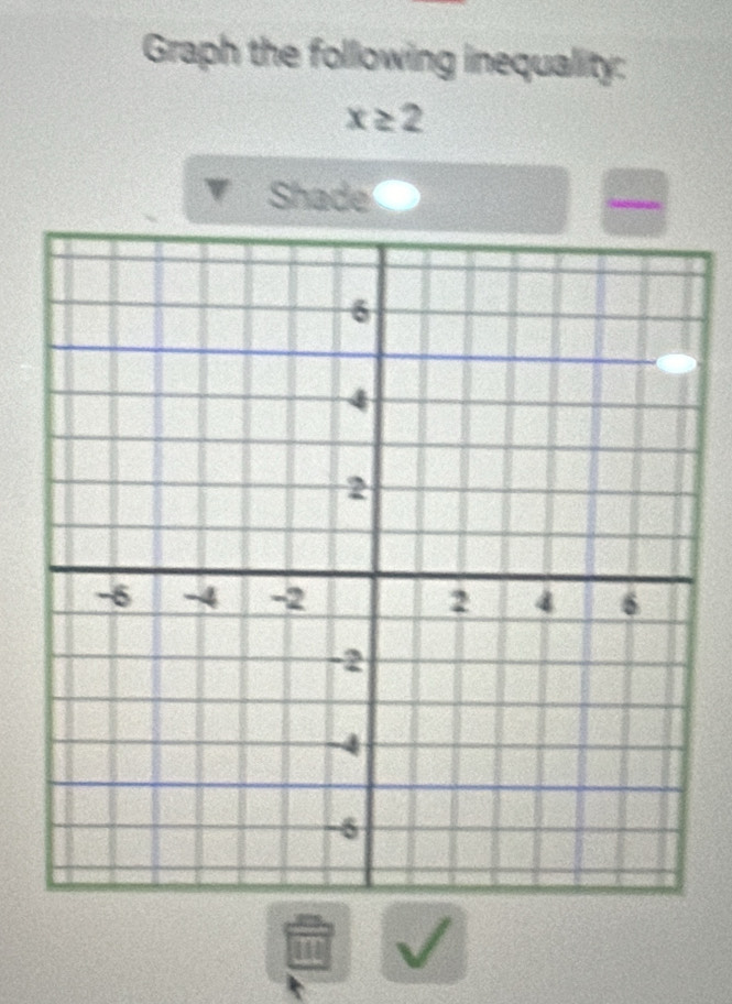 Graph the following inequality:
x≥ 2
Shade