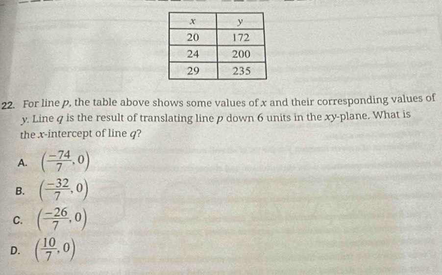 For line p, the table above shows some values of x and their corresponding values of
y. Line q is the result of translating line p down 6 units in the xy -plane. What is
the x-intercept of line q?
A. ( (-74)/7 ,0)
B. ( (-32)/7 ,0)
C. ( (-26)/7 ,0)
D. ( 10/7 ,0)