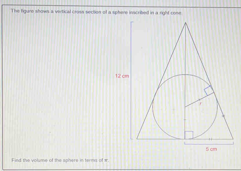 The figure shows a vertical cross section of a sphere inscribed in a right cone 
Find the volume of the sphere in terms of π.