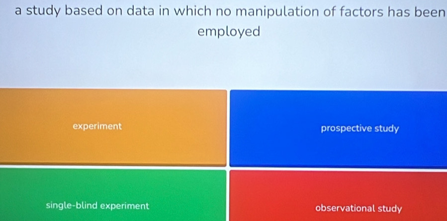 a study based on data in which no manipulation of factors has been
employed
experiment prospective study
single-blind experiment observational study