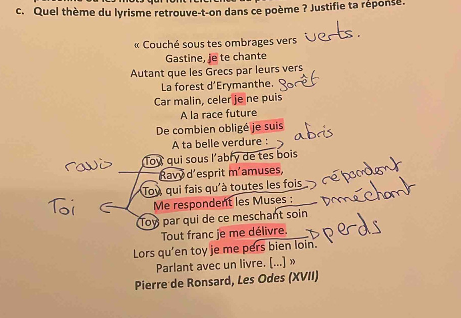 Quel thème du lyrisme retrouve-t-on dans ce poème ? Justifie ta réponse. 
« Couché sous tes ombrages vers 
Gastine, je te chante 
Autant que les Grecs par leurs vers 
La forest d’Erymanthe. 
Car malin, celer je ne puis 
A la race future 
De combien obligé je suis 
A ta belle verdure : 
Toy, qui sous l'abry de tes bois 
Ravy d’esprit m’amuses, 
Toy, qui fais qu'à toutes les fois 
Me respondent les Muses : 
Toy par qui de ce meschant soin 
Tout franc je me délivre. 
Lors qu'en toy je me pers bien loin. 
Parlant avec un livre. [...] » 
Pierre de Ronsard, Les Odes (XVII)