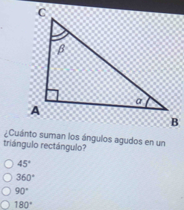 ¿Cuánto suman los ángulos agudos en un
triángulo rectángulo?
45°
360°
90°
180°