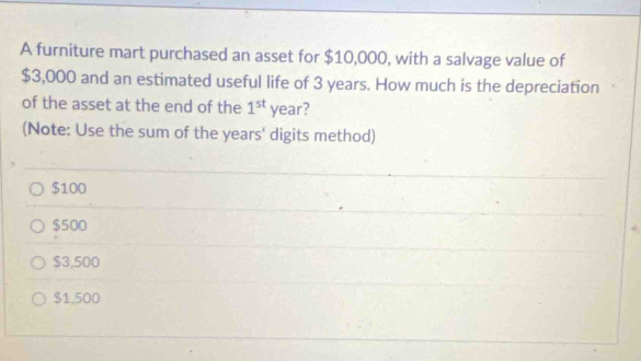 A furniture mart purchased an asset for $10,000, with a salvage value of
$3,000 and an estimated useful life of 3 years. How much is the depreciation
of the asset at the end of the 1^(st) year?
(Note: Use the sum of the years ' digits method)
$100
$500
$3,500
$1,500