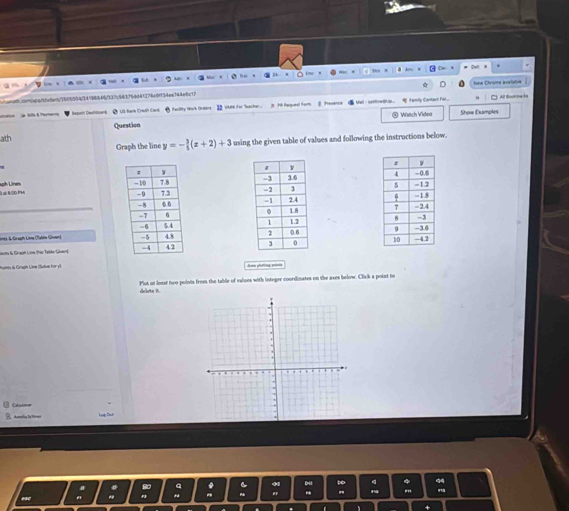 Stre 
Emc 
orth.corn/app/student/3505504/24196846/337c56376dd41276c9ff34ee744e6c17 New Chrome available 
ation e Bills & Poyments Report Dashboard US Bank Credit Card 3 Fecility Work Orders VARK For Teacher... % PR Request Form Presence Mail -sstiftne@Up... % Family Contact For.... 
» All Bookmarks 
o Watch Video Show Examples 
Question 
ath 
Graph the line y=- 3/5 (x+2)+3 using the given table of values and following the instructions below. 
0 
aph Lines 
à at 8.00 PM 

_ 




inzs & Graph Lime (Table Givon) 
oiets & Graph Line (No Table Given) 
Points & Graph Line (Solve for y) done plotting points 
Plot at least two points from the table of values with integer coordinates on the axes below. Click a point to 
delete it. 
_ 
Cancularoe 
Amlia Scitrer Log Out 
D11 D 
F8 
esc "