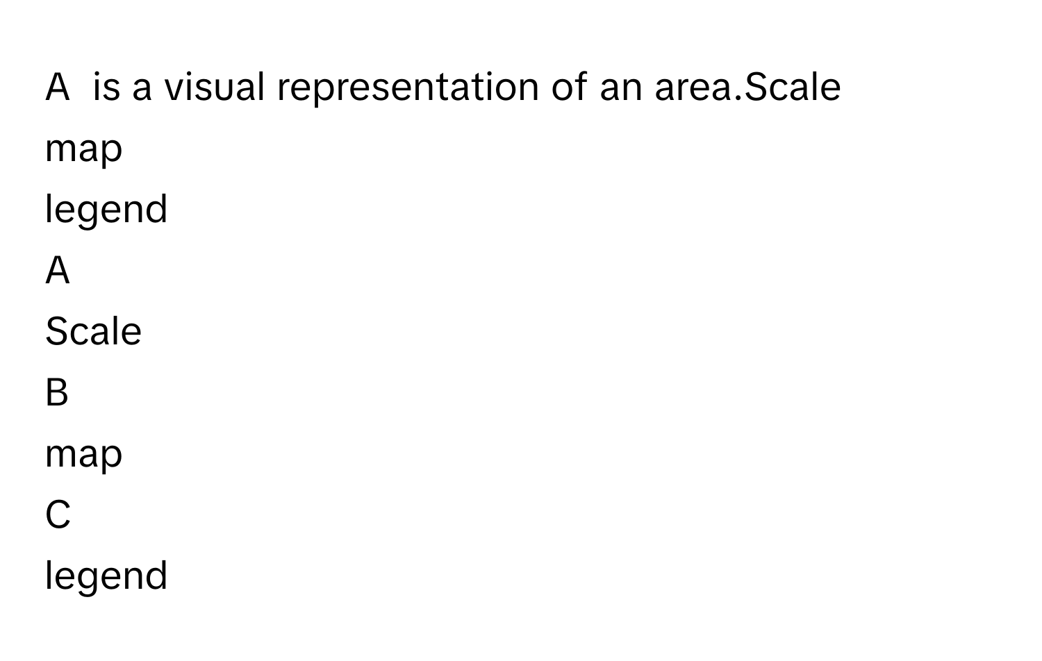 Solved: A is a visual representation of an area.Scale map legend A ...