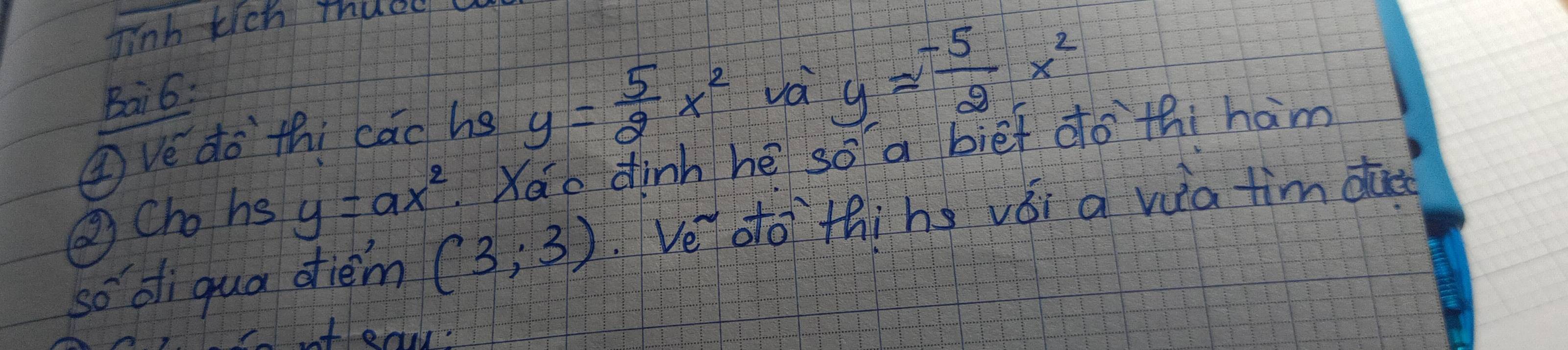 Tinb tich thue 
Bai6: 
④ Ve do thi cac hs y= 5/2 x^2 va y= (-5)/2 x^2
② Chohs y=ax^2 Xao dinh hè so a biēf do`thi ham 
so di qua diem (3;3) Veoto thihg vǒi a vaia tim do