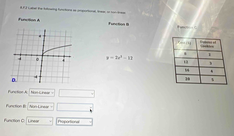 Label the following functions as proportional, linear, or non-linear.
Function A Function B Function C

y=2x^3-12
Function A: Non-Linear
Function B: Non-Linear
Function C: Linear Proportional