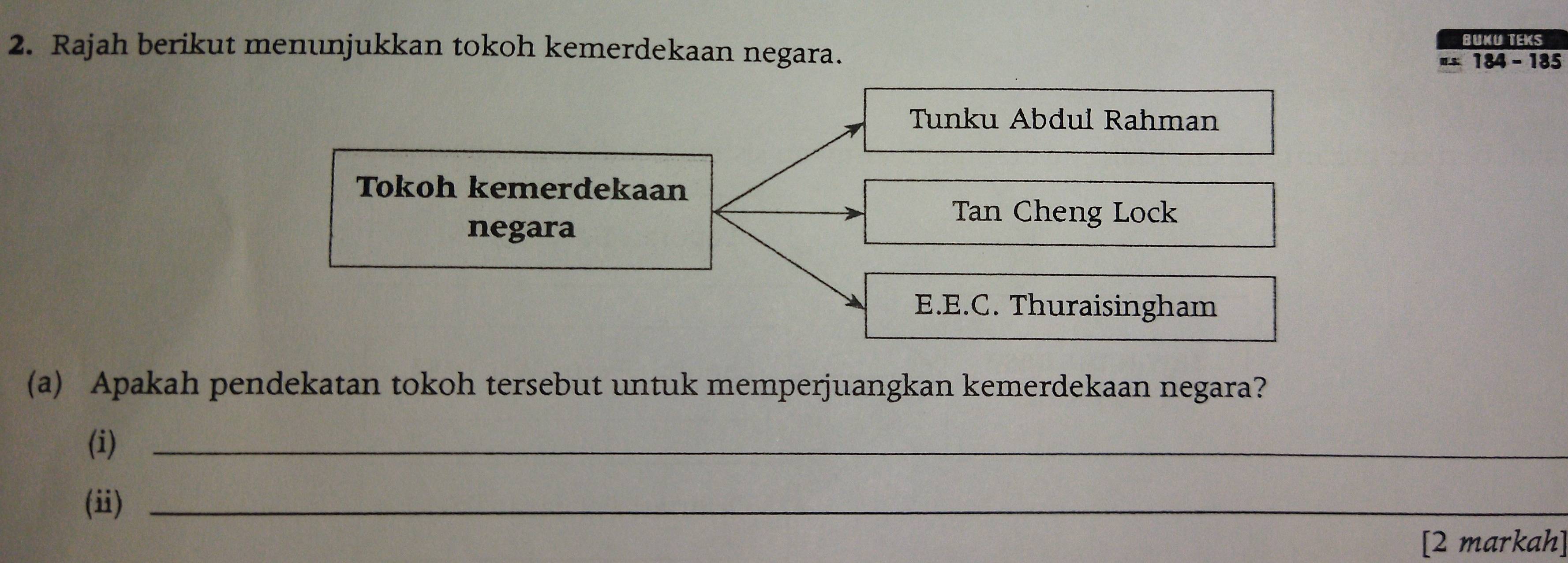 Rajah berikut menunjukkan tokoh kemerdekaan negara.
BUKU TEKS
*± 184 - 185
Tunku Abdul Rahman
Tokoh kemerdekaan
negara
Tan Cheng Lock
E.E.C. Thuraisingham
(a) Apakah pendekatan tokoh tersebut untuk memperjuangkan kemerdekaan negara?
(i)_
(ii)_
[2 markah]