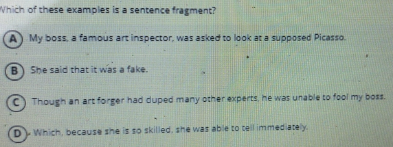 Solved: Which of these examples is a sentence fragment? A) My boss, a ...