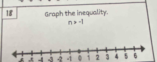 Graph the inequality.
n>-1. 6 -5 -4 -3 -2 -1 0