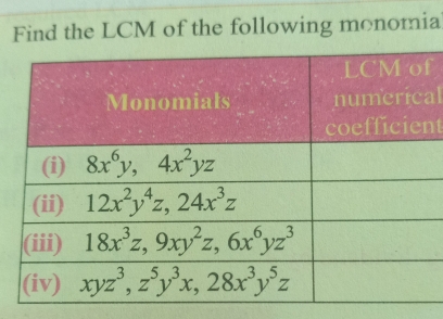 Find the LCM of the following monomia
f
al
nt