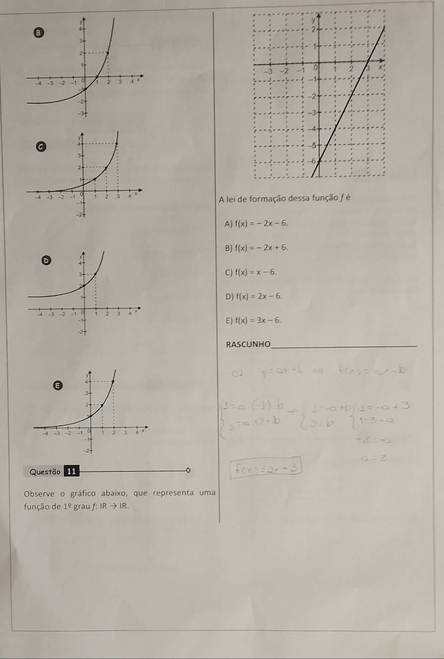 A lei de formação dessa função f é
A) f(x)=-2x-6.
B) f(x)=-2x+6.
C) f(x)=x-6.
DJ f(x)=2x-6.
E) f(x)=3x-6. 
RASCUNHO_
Questão 11
。
Observe o gráfico abaixo, que representa uma
função de 1^(_ circ) grau f:IRto IR.