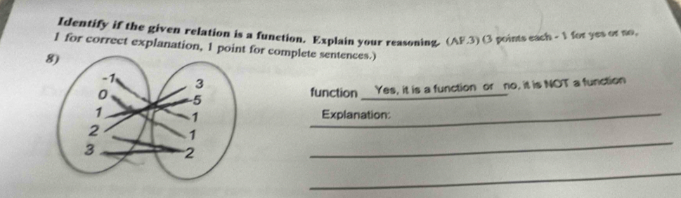 Identify if the given relation is a function. Explain your reasoning. (AF.3) (3 points each - 1 for yes or no, 
1 for correct explanation, 1 point for complete sentences.) 
function Yes, it is a function or no, it is NOT a function 
Explanation: 
_ 
_