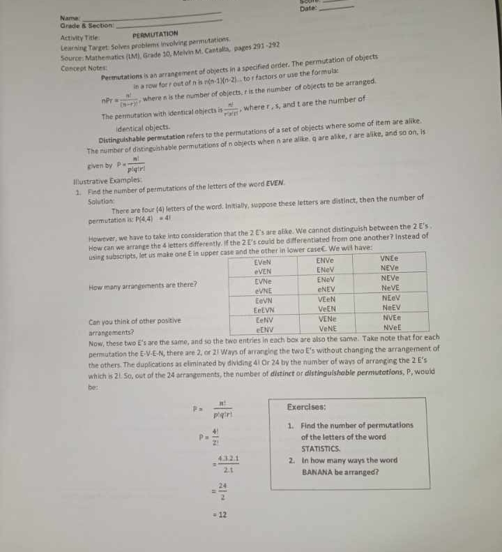 Solved: Date: _ Name _ Grade & Section _ Activity Title: PERMUTATION ...