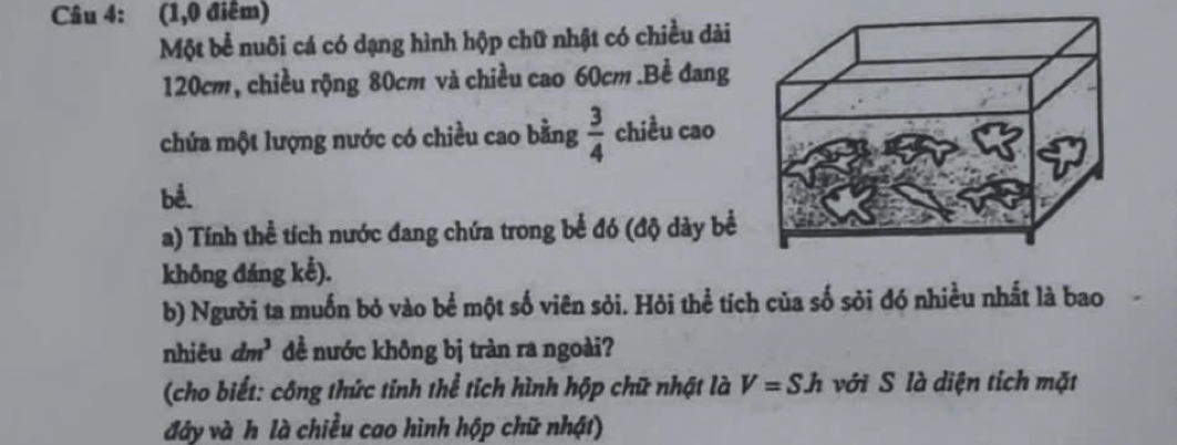 (1,0 điêm) 
Một bể nuôi cá có dạng hình hộp chữ nhật có chiều dài
120cm, chiều rộng 80cm và chiều cao 60cm.Bể đang 
chứa một lượng nước có chiều cao bằng  3/4  chiều cao 
bể. 
a) Tính thể tích nước đang chứa trong bể đó (độ dày bề 
không đáng kể). 
b) Người ta muốn bỏ vào bể một số viên sỏi. Hỏi thể tích của số sỏi đó nhiều nhất là bao 
nhiêu dm^3 đề nước không bị tràn ra ngoài? 
(cho biết: công thức tinh thể tích hình hộp chữ nhật là V=Sh với S là diện tích mặt 
đây và h là chiều cao hình hộp chữ nhật)