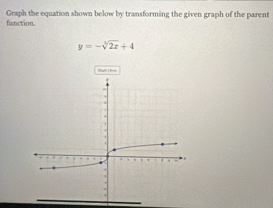 Graph the equation shown below by transforming the given graph of the parent 
function.
y=-sqrt[3](2x)+4
Stact Over