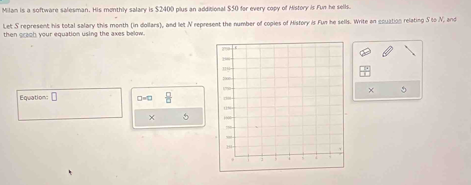 Milan is a software salesman. His monthly salary is $2400 plus an additional $50 for every copy of History is Fun he sells. 
Let S represent his total salary this month (in dollars), and let N represent the number of copies of History is Fun he sells. Write an equation relating S to N, and 
then graph your equation using the axes below. 
× 5
□ =□  □ /□  
Equation: □ 
× 5