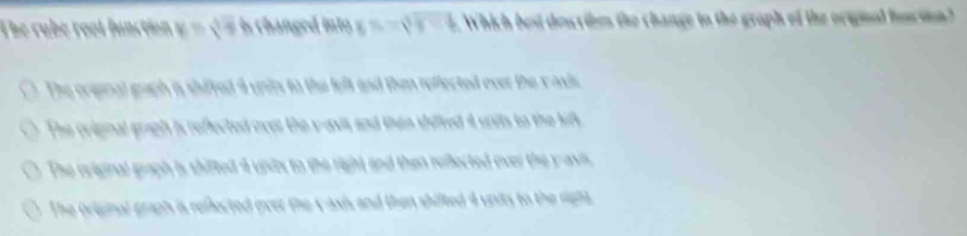 The cube reot function 5x° n changed into Which best describes the change to the graph of the original funcin?
nthe lel t and the reflected over the y a c .
The crignal graph h s te y a v = n ired 4 vruis to the lf
The original graph

The priginal graph a reflocted oeer the axis and then shifted 4 units to the rgn .