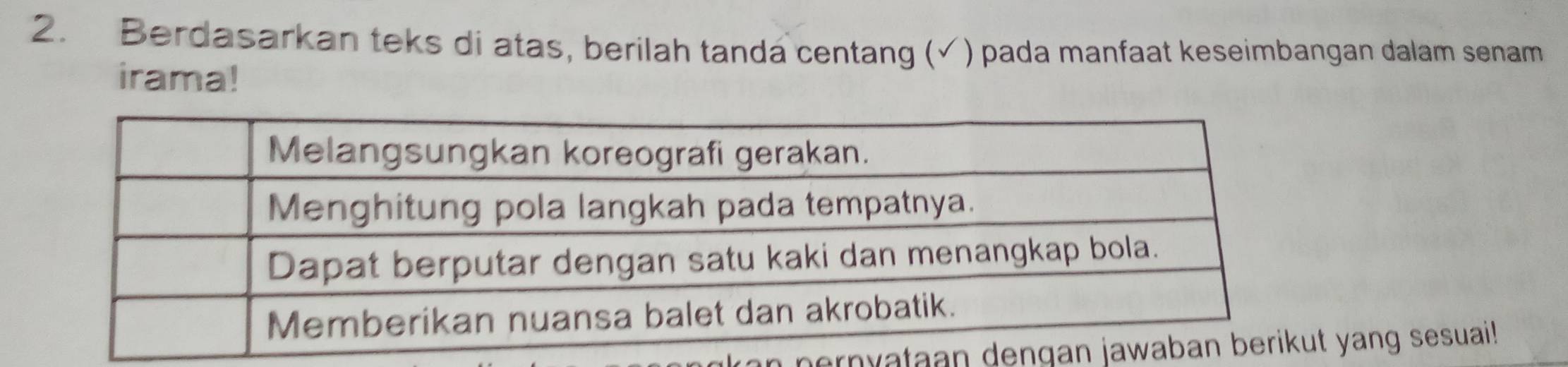 Berdasarkan teks di atas, berilah tanda centang (√) pada manfaat keseimbangan dalam senam 
irama! 
nernyataan yang sesuai!