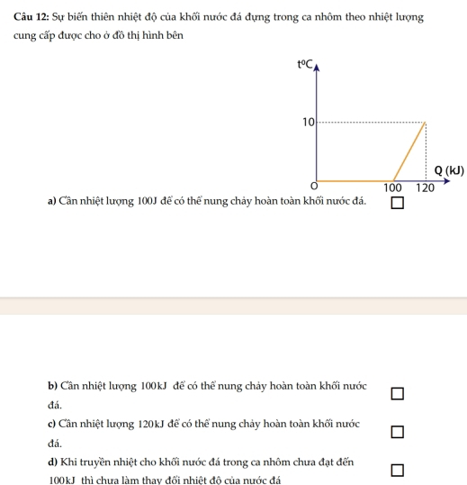 Sự biến thiên nhiệt độ của khối nước đá đựng trong ca nhôm theo nhiệt lượng
cung cấp được cho ở đồ thị hình bên
a) Cần nhiệt lượng 100J để có thể nung chảy hoàn toàn khối nước đá.
b) Cân nhiệt lượng 100kJ để có thể nung chảy hoàn toàn khối nước
đá.
c) Cần nhiệt lượng 120kJ để có thể nung chảy hoàn toàn khối nước
đá.
d) Khi truyền nhiệt cho khối nước đá trong ca nhôm chưa đạt đến
100kJ thì chưa làm thay đối nhiệt đô của nước đá