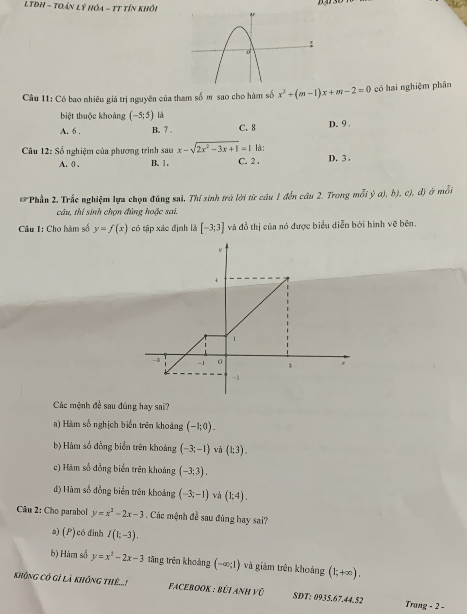 LTĐH - TOẢN LỶ HỏA - TT tỉN khÔi
Câu 11: Có bao nhiêu giá trị nguyên của tham số m sao cho hàm số x^2+(m-1)x+m-2=0 có hai nghiệm phân
biệt thuộc khoảng (-5;5) là
A. 6 . B. 7 . C. 8 D. 9 .
Câu 12:Shat o nghiệm của phương trình sau x-sqrt(2x^2-3x+1)=1 là:
A. 0 . B. 1. C. 2 . D. 3 .
*Phần 2. Trắc nghiệm lựa chọn đúng sai. Thí sinh trả lời từ câu 1 đến câu 2. Trong mỗi ý a), b), c), d) ở mỗi
câu, thi sinh chọn đúng hoặc sai.
Câu 1: Cho hàm số y=f(x) có tập xác định là [-3;3] và đồ thị của nó được biểu diễn bởi hình vẽ bên.
Các mệnh đề sau đúng hay sai?
a) Hàm số nghịch biến trên khoảng (-1;0).
b) Hàm số đồng biến trên khoảng (-3;-1) và (1;3).
c) Hàm số đồng biến trên khoảng (-3;3).
d) Hàm số đồng biến trên khoảng (-3;-1) và (1;4).
Câu 2: Cho parabol y=x^2-2x-3. Các mệnh đề sau đúng hay sai?
a) (P) có đỉnh I(1;-3).
b) Hàm số y=x^2-2x-3 tăng trên khoảng (-∈fty ;1) và giảm trên khoảng (1;+∈fty ).
không Có gì là không thê...! FACEBOOK : BỜI ANH V 1 SĐT: 0935.67.44.52 Trang - 2 -