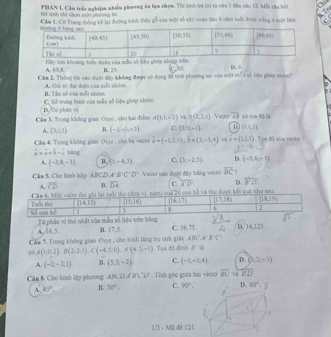 PHẢN I, Câu trắc nghiệm nhiều phương án lựa chọn, Thí sinh trà lời từ câu 1 đến câu 12. Mỗi câu hỏi
Chis
thí sinh chỉ chọn một phương ăn.
B. Tn
Câu 1. Cô Trang thống kê lại đường kính thần gỗ của một số cây xoan đảo 6 năm tuổi được trồng ở một lâm C.
Hãy tìm khoảng biển thiên của mẫu số liệu ghép n
A. 69,8. B. 25. C, 30. D. 6
Câu 2. Thông tin nào dưới đây không được sử dụng đẻ tính phương sai của một m^2 à số liệu ghép nhóm?
A. Giả trị đại diện của mỗi nhóm P
B. Tần số của mỗi nhóm.

C Số trung bình của mẫu số liệu ghép nhóm.
D. Tử phân vị. 1
Cầu 3、 Trong không gian Oxyz , cho hai điểm A(1;1;-2) và R(2;2;1). Vecto overline AB có tọa độ là
A. (3;1;1). B. (-1;-1;-3). C. (3,3;-1). D. (1;1;3).
Câu 4. Trong không gian Oxyz , cho ba vect overline a=(-1;2;0),overline b=(3;-5;4) và overline c=(1;1;1) Tọa độ của vecto
overline u=overline a+overline b-overline c bàng
A. (-3;8;-3). B. (1;-4;3). C. (3;-2;5). D、 (-5;6;-5).
Câu 5. Cho hình hộp ABCD. A'B'C'D' Vecto nào dưới đây bằng vecto overline BC ?
A. overline CD. B. overline DA. C. overline A'D'. D. overline B'D'.
con hổ và thu được kết quả như sau:
Tứ phân vị thứ nhất của mẫu số liệu trên bằng
A,16,5 . B. 17, 5. C. 16、 75 . D. 16,125 .
Cầu 7. Trong không gian Oxyz , cho hình lăng trụ tam giác ABC.A'B'C'
có A(1;0;2),B(2;2;1),C(-4;5;0),A'(4;3;-1). Tọa độ đinh B' là
A. (-3;-3;3). B. (5;5;-2). C. (-1;-1;4). D. (B;3;-3).
Câu 8. Cho hình lập phương ABCD⊥ B'C''D'. Tính góc giữa hai vecto overline BC và overline B'D'
A. 45°, B. 30°. C. 90°. D. 60°.
^
C
0
1/3 - Mã đề 121
C