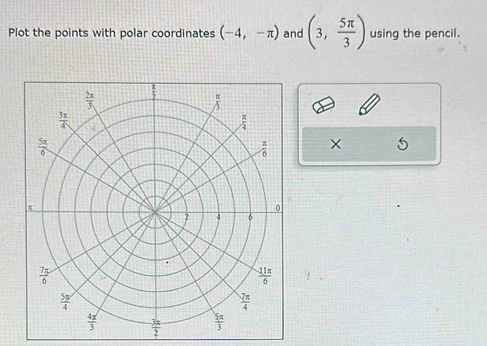 Plot the points with polar coordinates (-4,-π ) and (3, 5π /3 ) using the pencil.
×