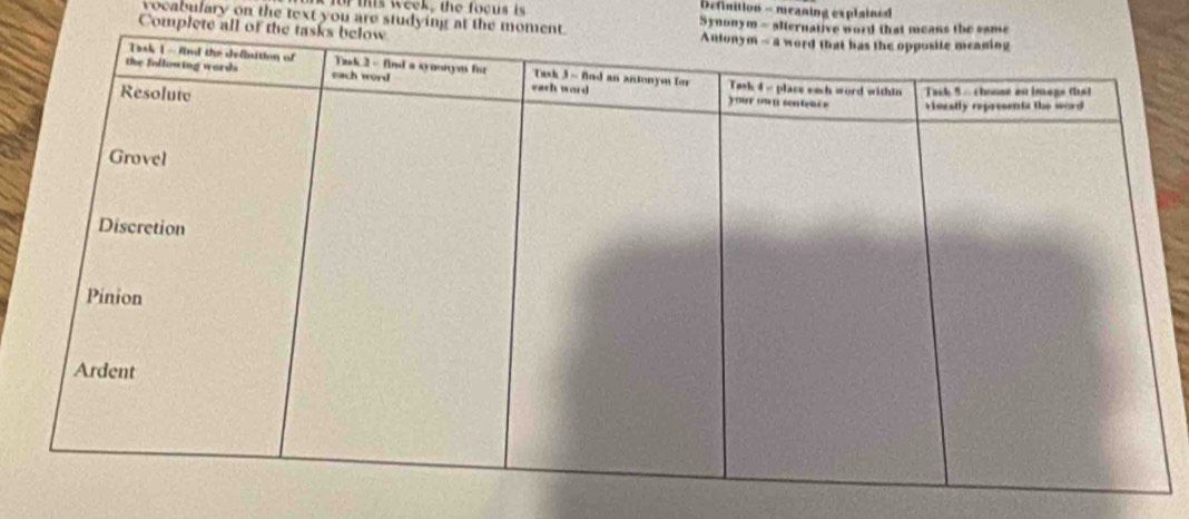 or this week, the focus is 
Definition - meaning explained 
vocabulary on the text you are studying at the mo Synonym - alter 
Complete all
