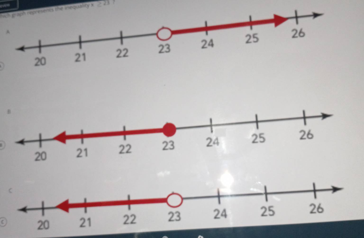 evew 
hich graph represents the inequality x ≥ 23 ?