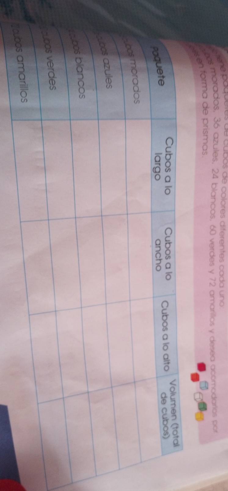 eere paqueres de cubos de colores diferentes cada uno 
cos morados, 36 azules, 24 blancos, 60 verdes y 72 amarillos y desea acomodarías por 
sen forma de prismas.