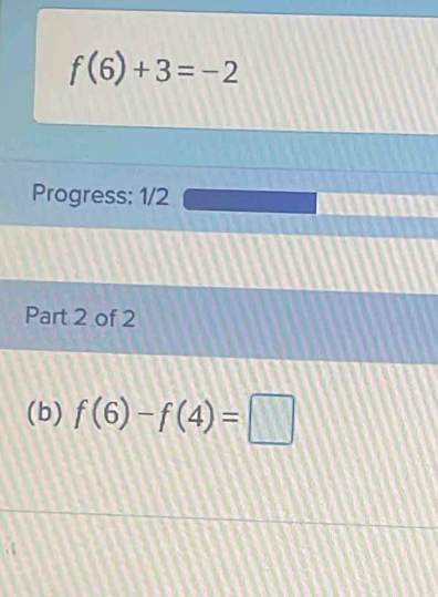 f(6)+3=-2
Progress: 1/2 
Part 2 of 2 
(b) f(6)-f(4)=□