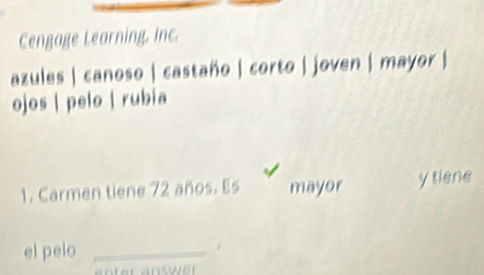 Cengage Learning, Inc. 
azules | canoso | castaño | corto | joven | mayor | 
ojos | pelo | rubia 
1. Carmen tiene 72 años. Es mayor y tiene 
el pelo_