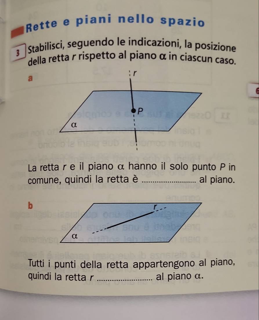 Rette e piani nello spazio 
3 Stabilisci, seguendo le indícazioni, la posizione 
della retta r rispetto al piano α in ciascun caso. 
a 
La retta r e il piano α hanno il solo punto P in 
comune, quindi la retta è _al piano. 
b 
Tutti i punti della retta appartengono al piano, 
quindi la retta r _al piano α.