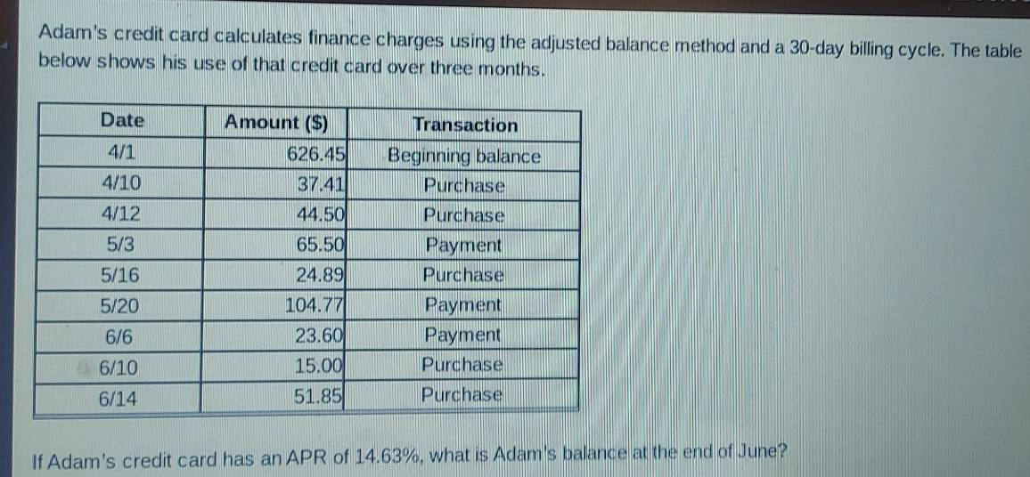 Adam's credit card calculates finance charges using the adjusted balance method and a 30-day billing cycle. The table 
below shows his use of that credit card over three months. 
If Adam's credit card has an APR of 14.63%, what is Adam's balance at the end of June?