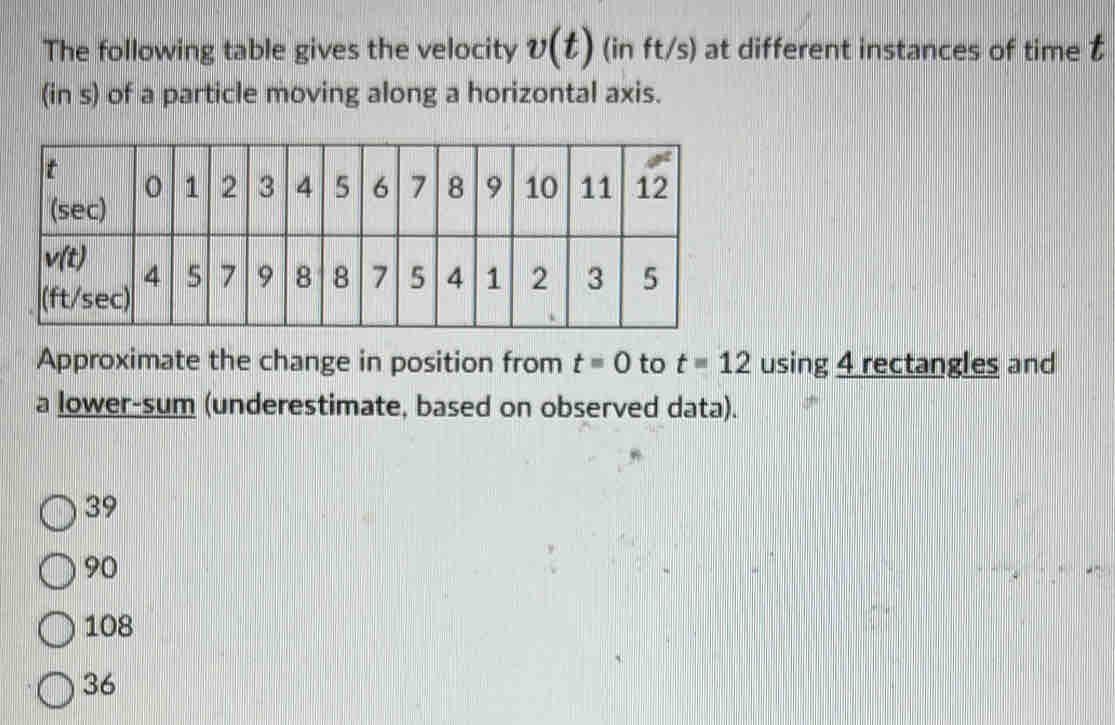 The following table gives the velocity v(t) (in ft/s) at different instances of time t
(in s) of a particle moving along a horizontal axis.
Approximate the change in position from t=0 to t=12 using 4 rectangles and
a lower-sum (underestimate, based on observed data).
39
90
108
36