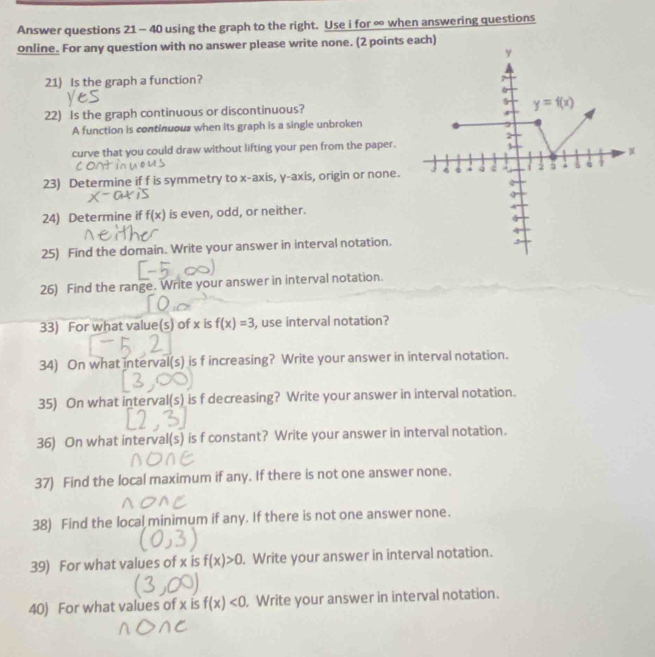 Answer questions 21 - 40 using the graph to the right. Use i for ∞ when answering questions
online. For any question with no answer please write none. (2 points each)
21) Is the graph a function?
22) Is the graph continuous or discontinuous? 
A function is continuous when its graph is a single unbroken
curve that you could draw without lifting your pen from the paper.
23) Determine if f is symmetry to x-a) s,y-axis , origin or none. 
24) Determine if f(x) is even, odd, or neither.
25) Find the domain. Write your answer in interval notation.
26) Find the range. Write your answer in interval notation.
33) For what value(s) of x is f(x)=3 , use interval notation?
34) On what interval(s) is f increasing? Write your answer in interval notation.
35) On what interval(s) is f decreasing? Write your answer in interval notation.
36) On what interval(s) is f constant? Write your answer in interval notation.
37) Find the local maximum if any. If there is not one answer none.
38) Find the local minimum if any. If there is not one answer none.
39) For what values of x is f(x)>0. Write your answer in interval notation.
40) For what values of x is f(x)<0</tex> . Write your answer in interval notation.