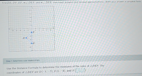 Find DE, DF, EF, m∠ DEF. and m∠ DFE , Give exact arswers (not decimal ...