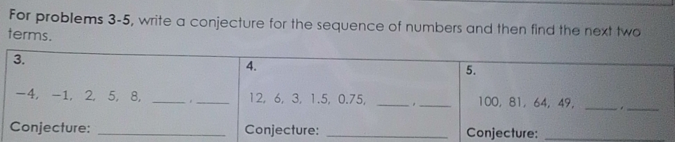 For problems 3-5, write a conjecture for the sequence of numbers and then find the next two 
terms.