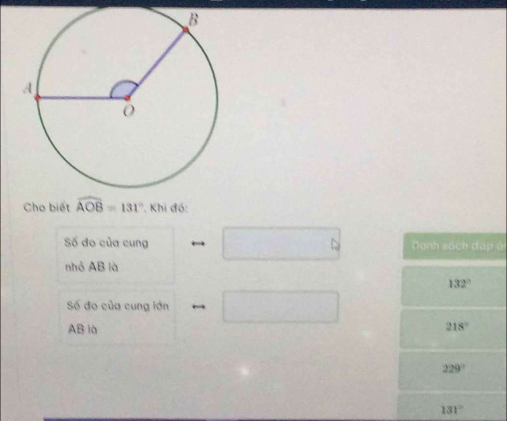 Cho biết widehat AOB=131° * Khi đó:
Số đo của cung Danh sách đạp án
nhỏ AB là
132°
Số đo của cung lớn
AB là 218°
229°
131°