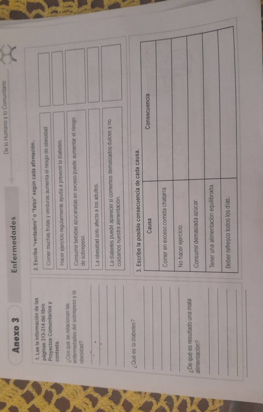 De lo Humano y lo Comunitario 
Anexo 3 Enfermedades 
1. Lee la información de las 2. Escribe 'verdadero” o “falso'' según cada afirmación.. 
páginas 313-314 del libro 
Proyectos Comunitarios y Comer muchas frutas y verduras aumenta el riesgo de obesidad. 
contesta. 
Hacer ejercicio regularmente ayuda a prevenir la diabetes. 
¿Con qué se relacionan las 
enfermedades del sobrepeso y la Consumir bebidas azucaradas en exceso puede aumentar el riesgo 
obesidad ? de sobrepeso. 
_ 
_La obesidad solo afecta a los adultos. 
_ 
_ 
La diabetes puede aparecer si comemos demasiados dulces y no 
_ 
cuidamos nuestra alimentación. 
¿Qué es la diabetes? 
_ 
_ 
_ 
_ 
_ 
¿De qué es resultado una mala 
alimentación? 
_ 
_ 
_ 
_ 
_ 
_