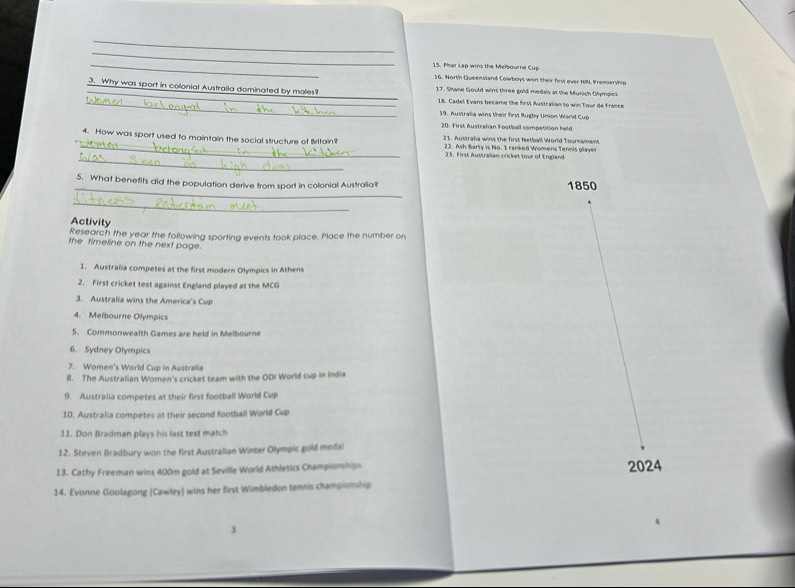 Phar Lap wins the Melbourne Cup 
16. North Queensland Cowboys won their first ever NRL Premiership 
3. Why was sport in colonial Australia dominated by males? 17. Shane Gould wins three gold medals at the Munich Olympic 
_ 18. Cadel Evans became the first Australian to win Tour de France 
19. Australia wins their first Rugby Union World Cup 
20. First Australian Football competition hele 
4. How was sport used to maintain the social structure of Britain? 21. Australia wins the first Netball World Tournament 
_22. Ash Barty is No. 1 ranked Womens Tennis player 
_ 
23. First Australian cricket tour of England 
_ 
5. What benefits did the population derive from sport in colonial Australia 1850 
_ 
Activity 
Research the year the following sporting events took place. Place the number on 
the timeline on the next page. 
1. Australia competes at the first modern Olympics in Athens 
2. First cricket test against England played at the MCG 
3. Australia wins the America's Cup 
4. Melbourne Olympics 
5. Commonwealth Games are held in Melbourne 
6. Sydney Olympics 
7. Women's World Cup in Australia 
8. The Australian Women's cricket team with the ODI World cup in India 
9. Australia competes at their first football World Cup 
10. Australia competes at their second football World Cup 
11. Don Bradman plays his last test match 
12. Steven Bradbury won the first Australian Winter Olympic gold medal 
13. Cathy Freeman wins 400m gold at Seville World Athletics Championships 2024 
14. Evonne Goolagong (Cawley) wins her first Wimbledon tennis championship 
3