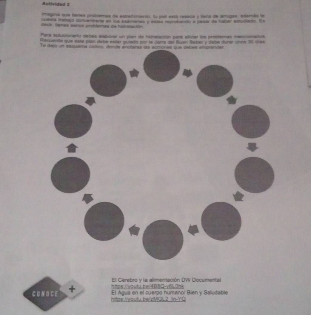 Actividad 2 
Imagina que tienes problemas de estrefimiento, tu pial está reseca y llena de arrugas, además te 
cuesta trabajo concantzarta en los exámenes y estas reprobando a pesar de haber estudiado. Es 
decir. tienes senos problemas de hidratación 
Para solucionarto debes elaborar un pian de hidratación para aliviar los problemas mencionaitos 
Recuerda que este plan debe estar guiado por la Jarra del Buen Beber y debe durar unos 30 días 
El Cerebro y la alimentación DW Documental 
CONOCE + 
https://youtu.be/4B8Q-v6L0hk 
El Agua en el cuerpo humano/ Bien y Saludable 
https://youtu.be/zMGL2_In-YQ