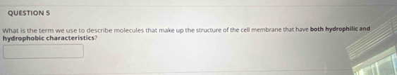 What is the term we use to describe molecules that make up the structure of the cell membrane that have both hydrophilic and 
hydrophobic characteristics?