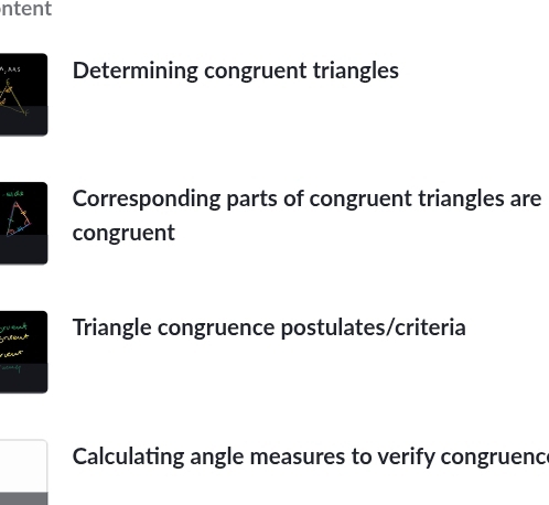 ntent 
Determining congruent triangles 
Corresponding parts of congruent triangles are 
congruent 
grutiout r U Triangle congruence postulates/criteria 
Calculating angle measures to verify congruenc