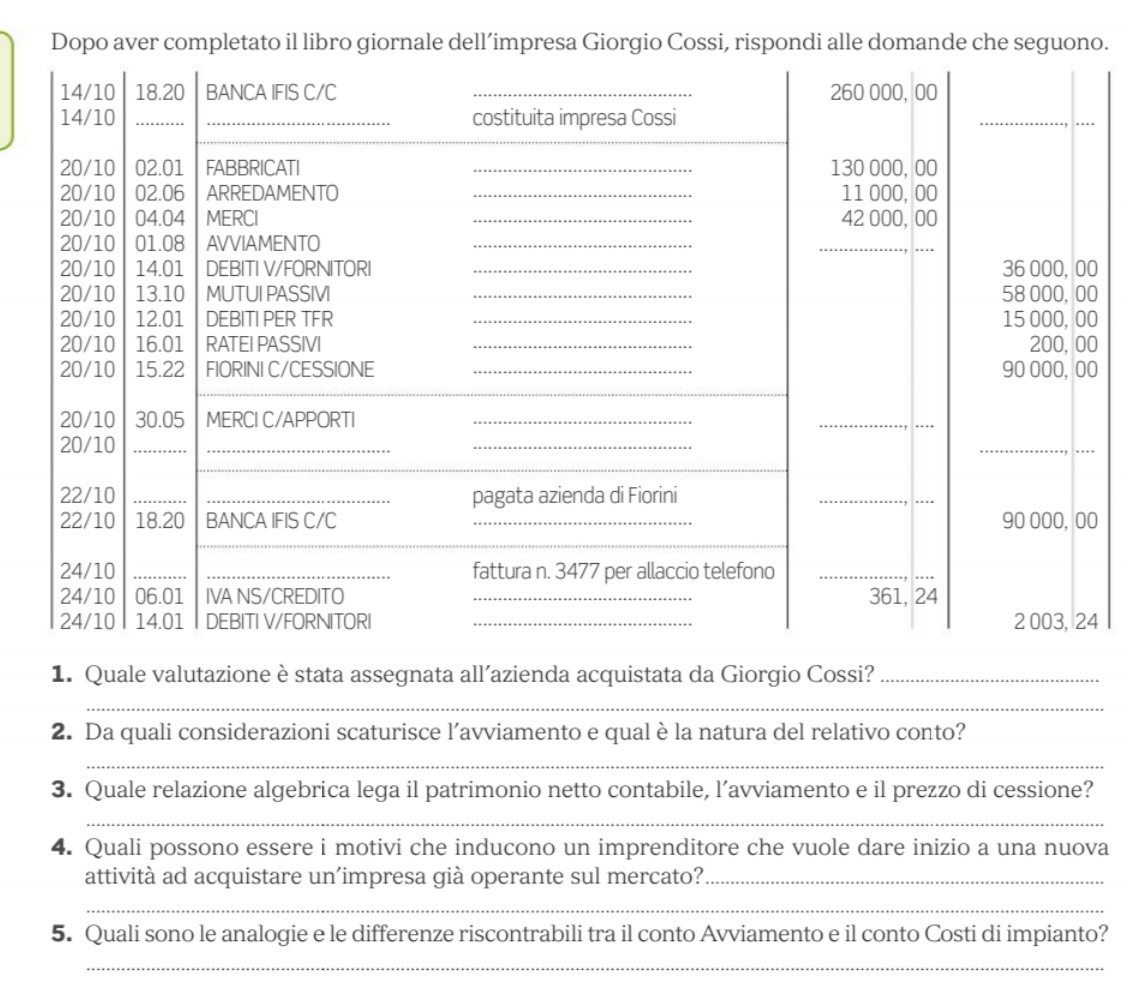 Dopo aver completato il libro giornale dell’impresa Giorgio Cossi, rispondi alle domande che seguono.
0
0
0
0
0
4
1. Quale valutazione è stata assegnata all’azienda acquistata da Giorgio Cossi?_
__
2. Da quali considerazioni scaturisce l’avviamento e qual è la natura del relativo conto?
_
3. Quale relazione algebrica lega il patrimonio netto contabile, l’avviamento e il prezzo di cessione?
_
4. Quali possono essere i motivi che inducono un imprenditore che vuole dare inizio a una nuova
attività ad acquistare un’impresa già operante sul mercato?_
_
5. Quali sono le analogie e le differenze riscontrabili tra il conto Avviamento e il conto Costi di impianto?
_